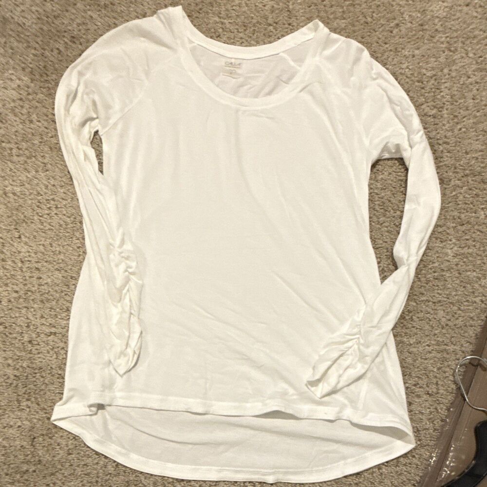 CALIA by Carrie Underwood White Ruched-Sleeve Long-Sleeve Top – Size S